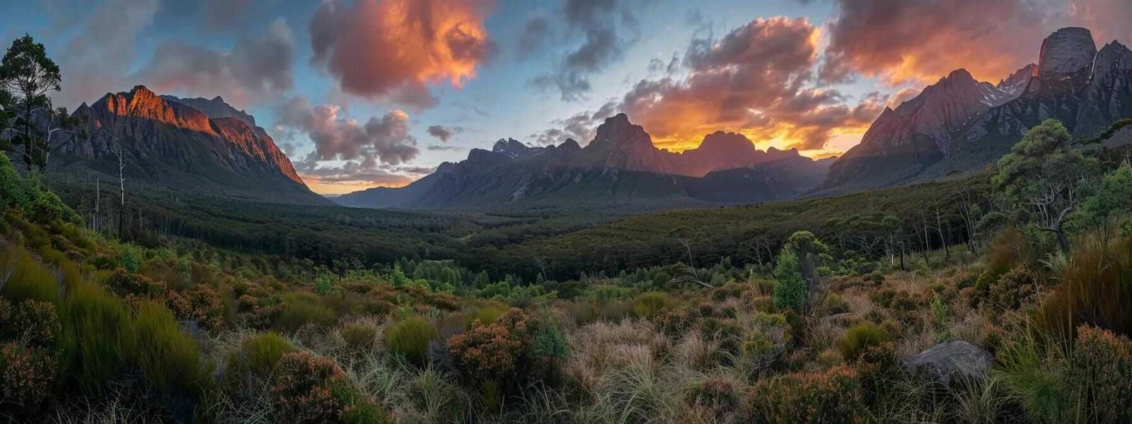 a breathtaking sunrise over towering mountains and lush forests in a remote national park.