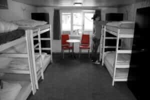 Budget-friendly hostel room with comfortable bunk beds.