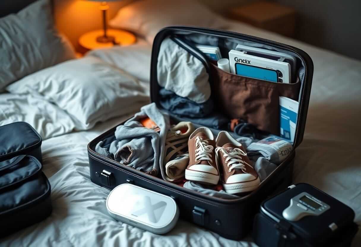 Open carry-on suitcase neatly packed with shoes, clothing, and travel essentials on a bed