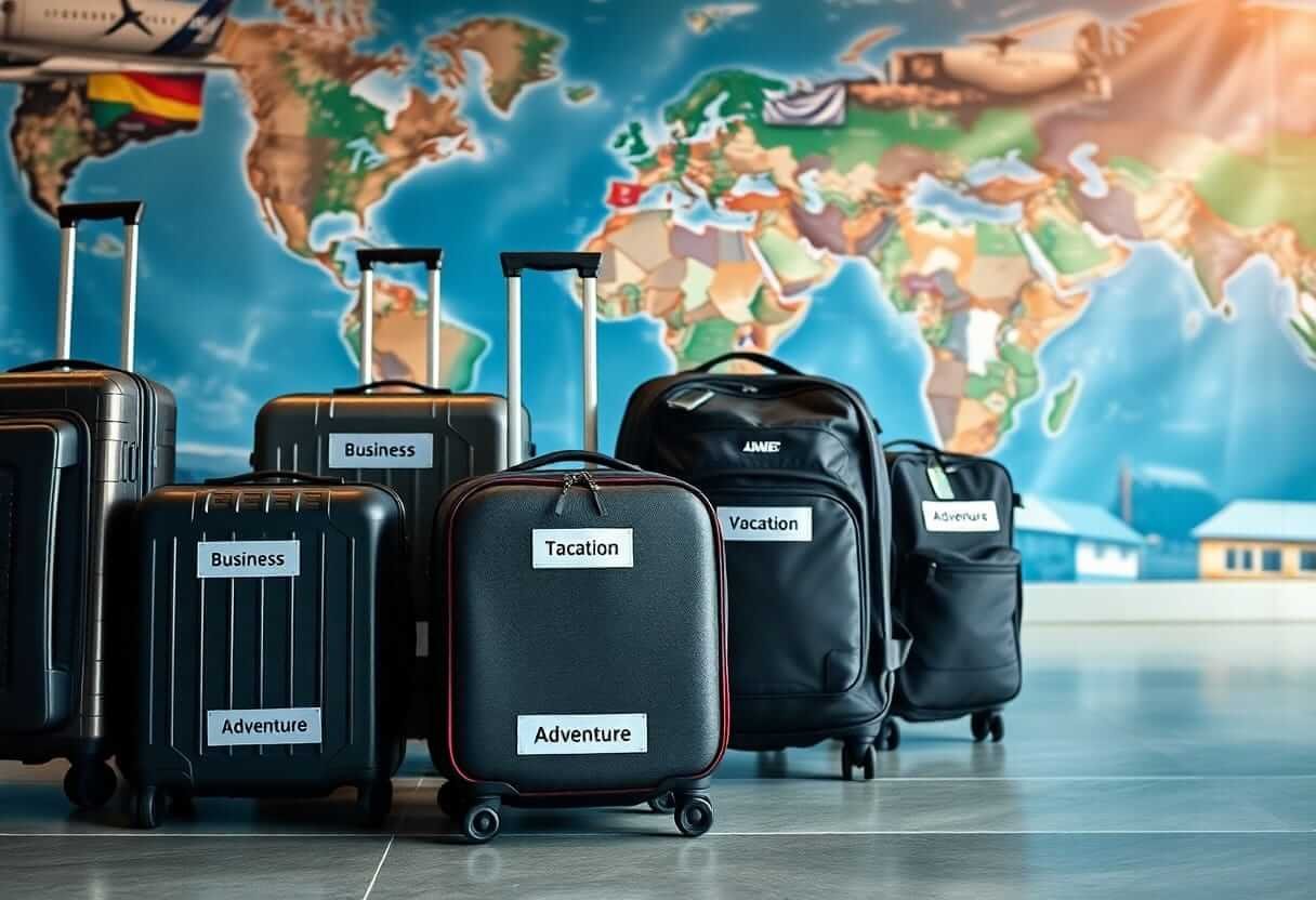 Set of modern black carry-on suitcases lined up in front of a colorful world map background