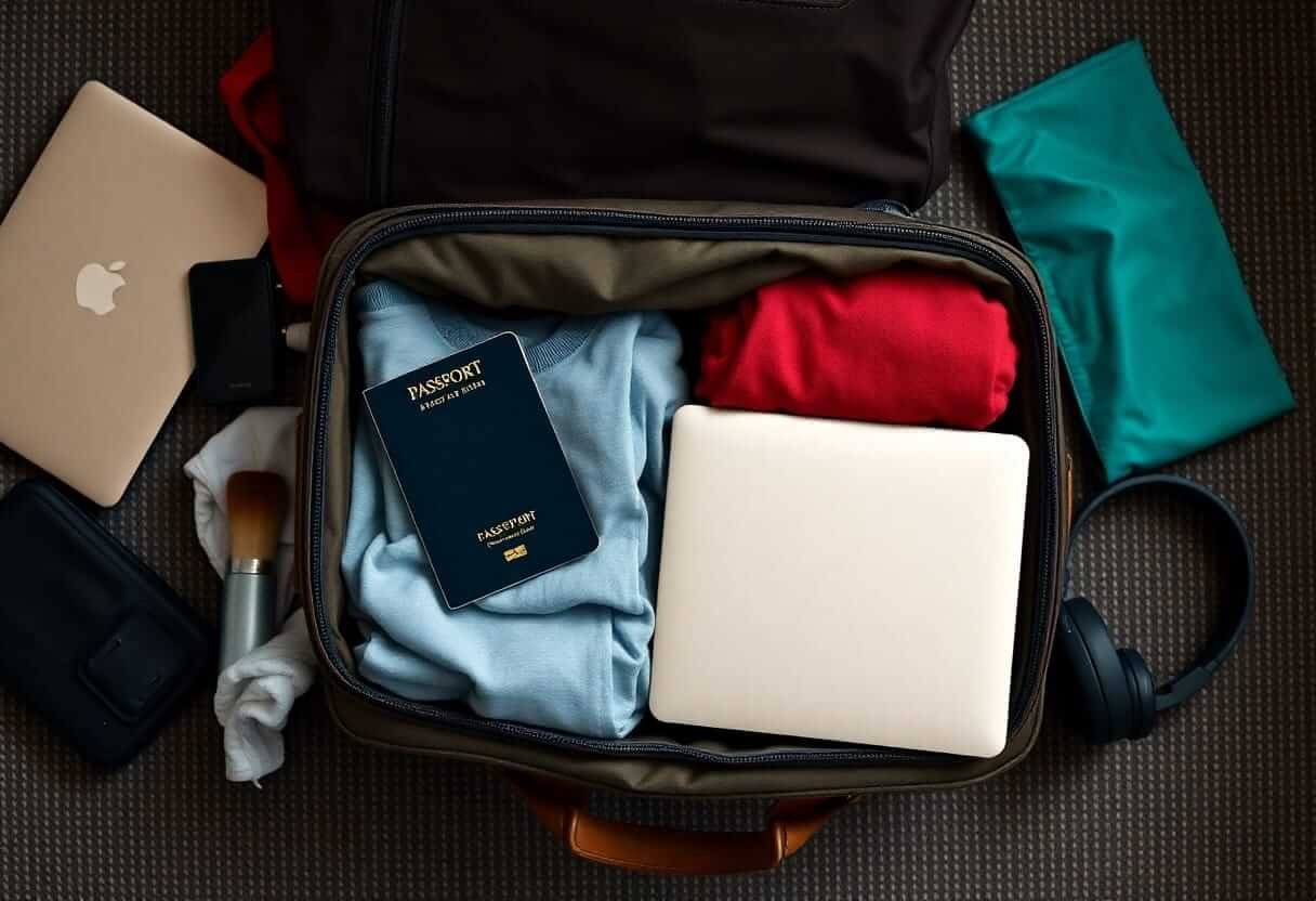 Open carry-on suitcase packed tightly with clothes, laptop, and travel essentials including a passport