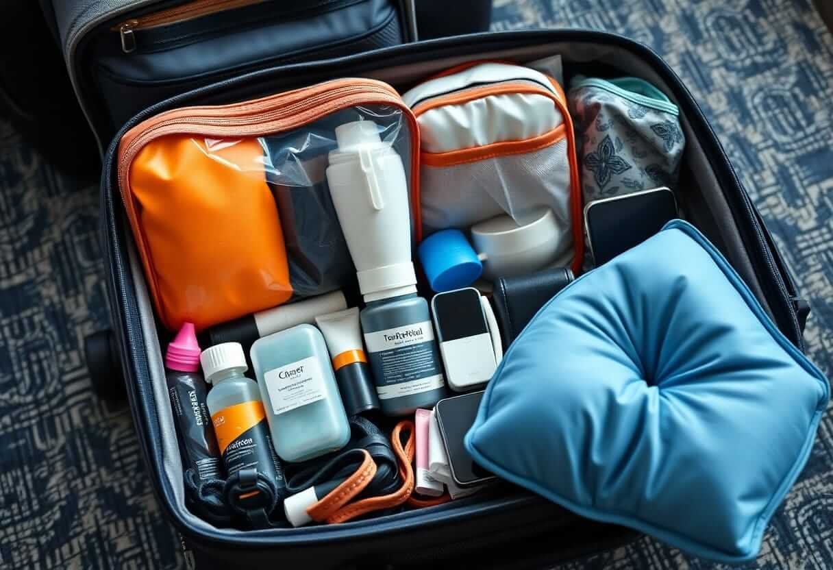 Open carry-on suitcase neatly packed with TSA-approved travel-sized liquids, clothing, and accessories for easy airport security screening