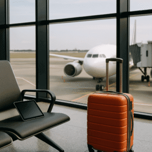 Coral suitcase and tablet in an airport terminal with a view of a plane at the gate through large windows.