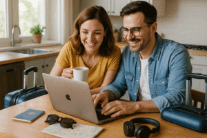 Couple planning a last-minute budget-friendly trip using a laptop, coffee mugs, and travel essentials on the table
