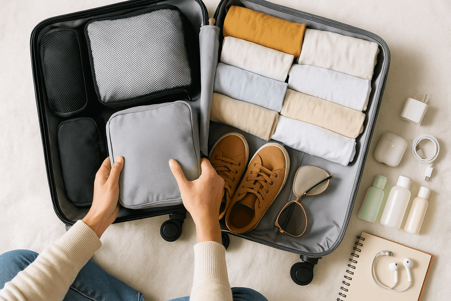 Hands packing a carry-on suitcase with rolled clothes, packing cubes, shoes, and travel-sized essentials neatly organized