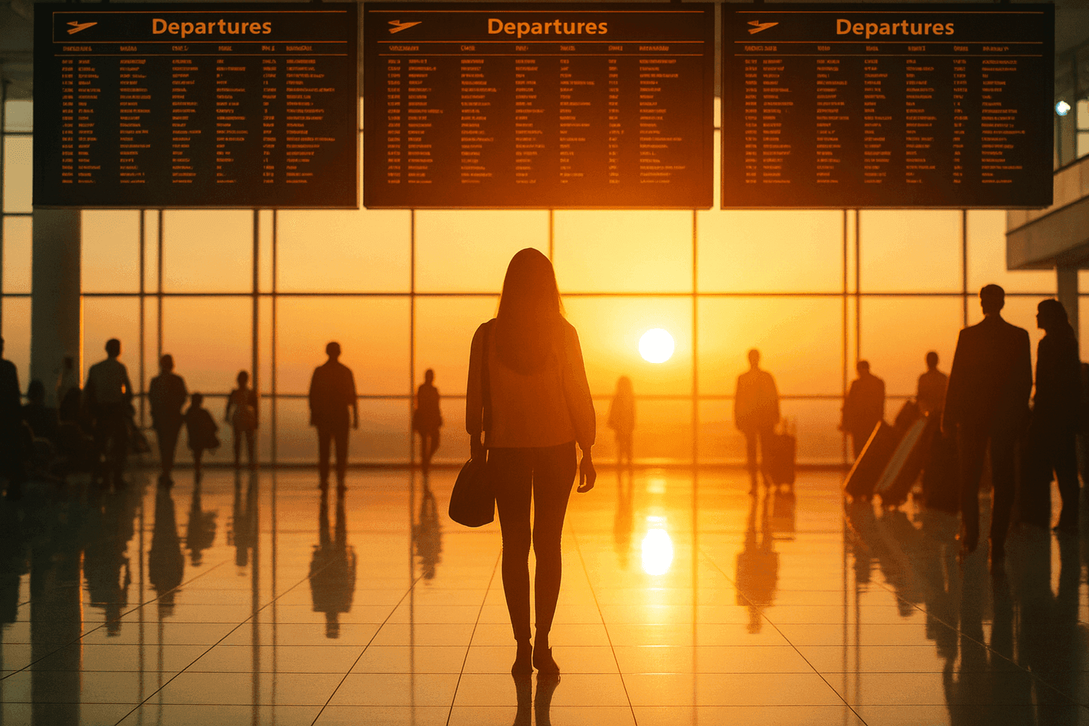 Female traveler in airport terminal at sunset, standing under departure boards with sunlight streaming through large windows